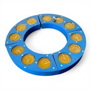 Waldorf Wooden Birthday Ring Candle Holder Handmade Blue Gold Moon & Stars